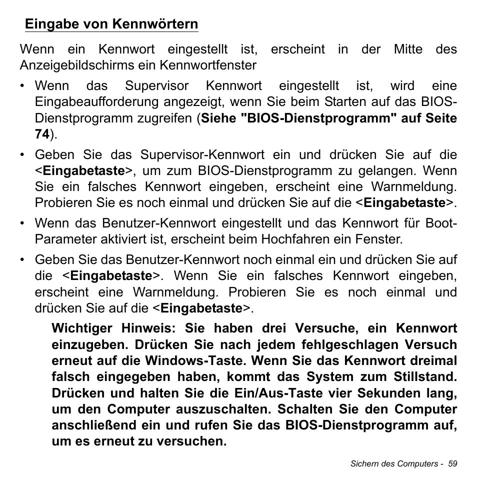 Eingabe von kennwörtern | Acer W700 User Manual | Page 213 / 2286