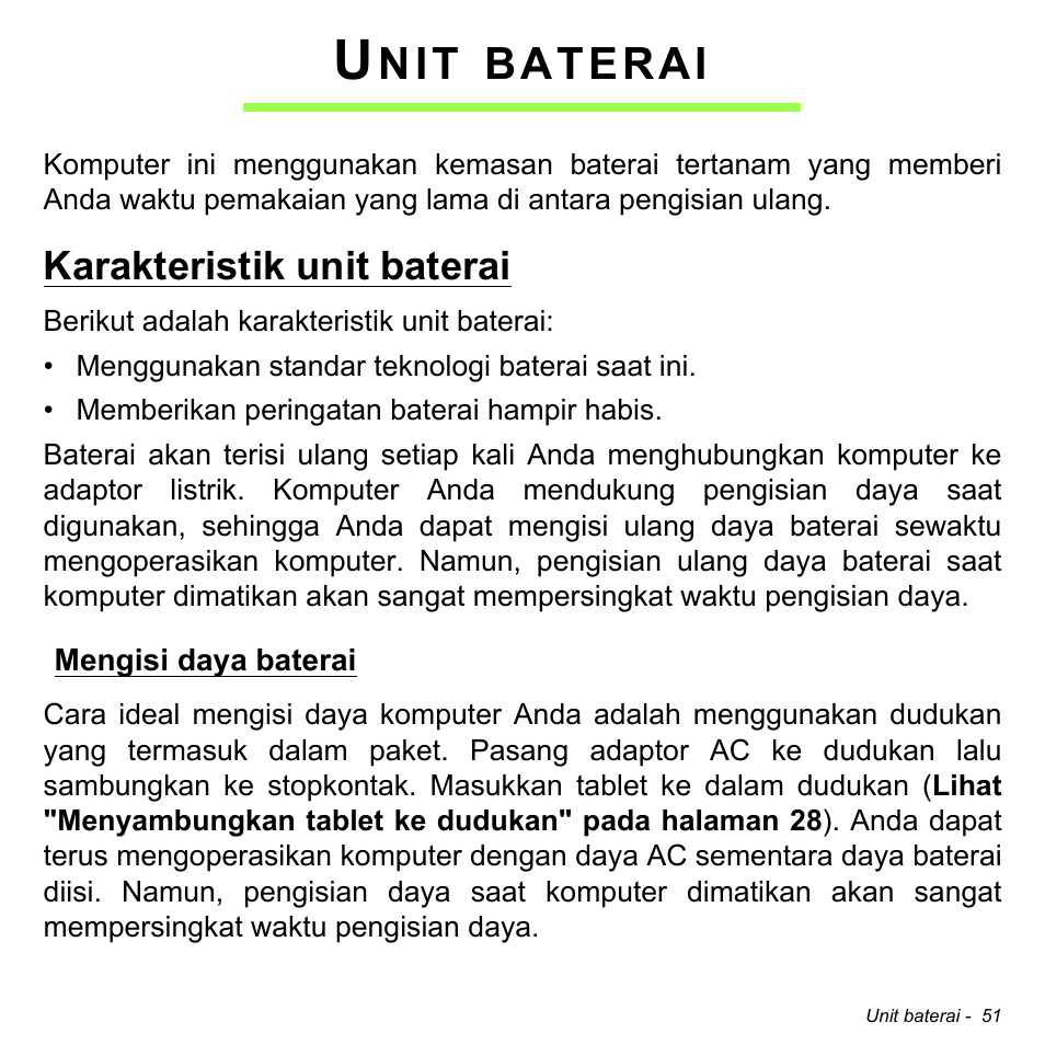 Unit baterai, Karakteristik unit baterai, Mengisi daya baterai | Baterai | Acer W700 User Manual | Page 2185 / 2286