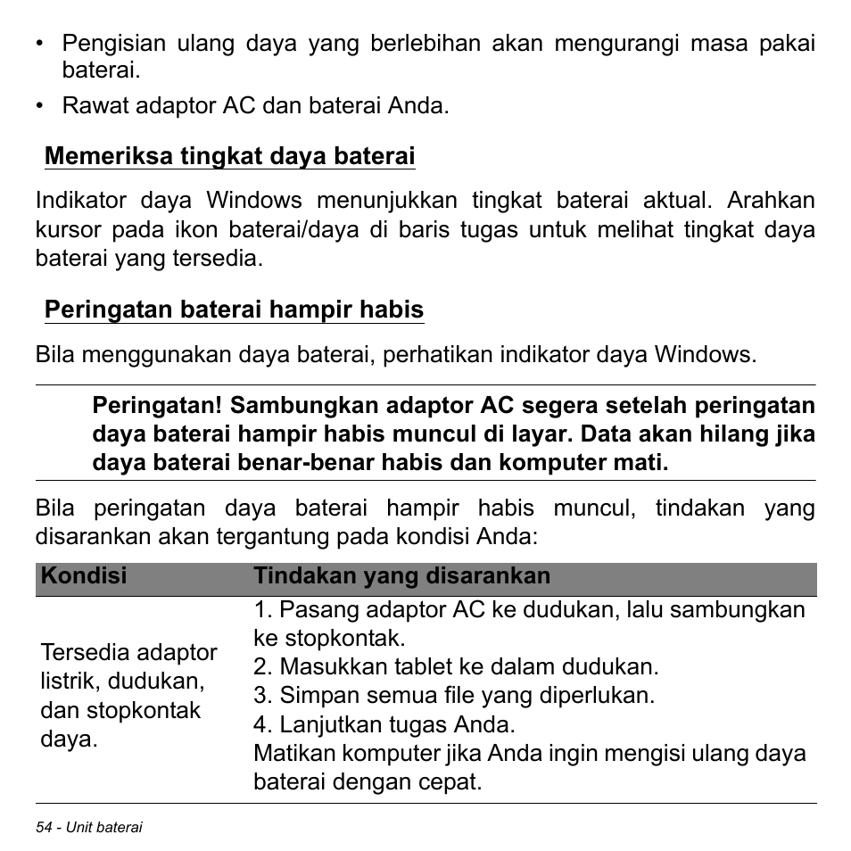 Memeriksa tingkat daya baterai, Peringatan baterai hampir habis | Acer W700 User Manual | Page 2188 / 2286