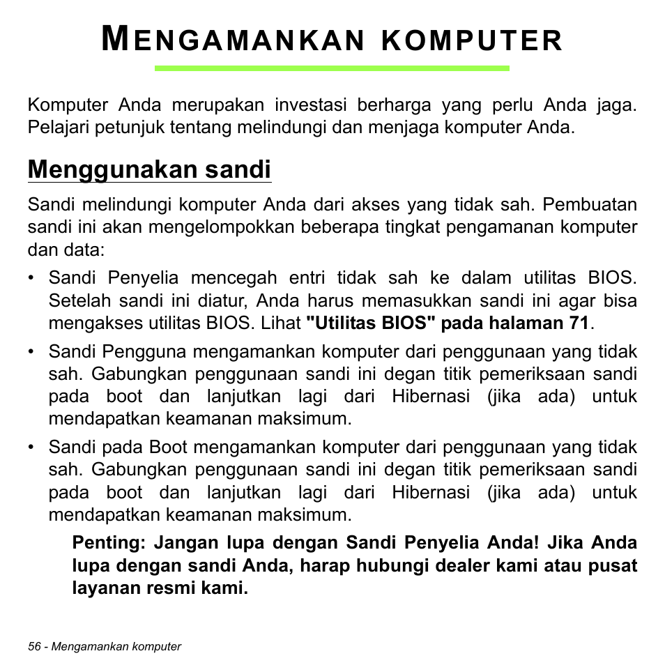 Mengamankan komputer, Menggunakan sandi, Engamankan | Komputer | Acer W700 User Manual | Page 2190 / 2286