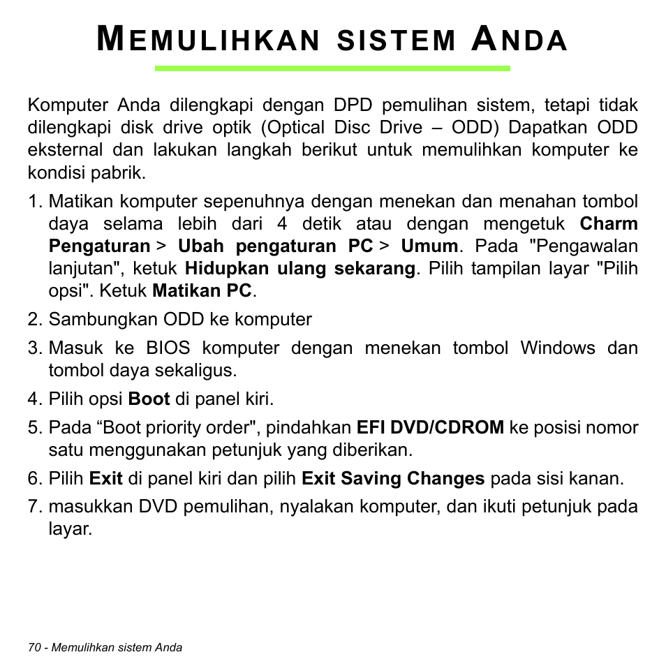 Memulihkan sistem anda, Emulihkan, Sistem | Acer W700 User Manual | Page 2204 / 2286