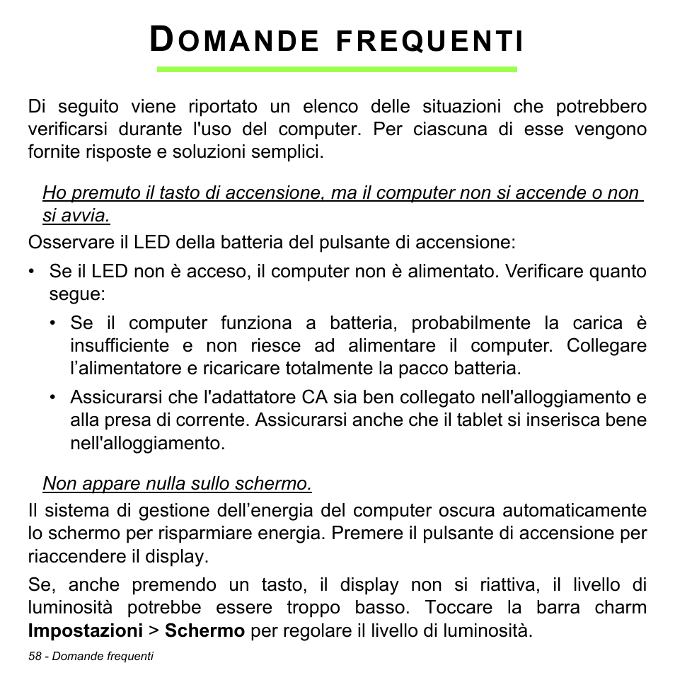 Domande frequenti, Omande, Frequenti | Acer W700 User Manual | Page 294 / 2286