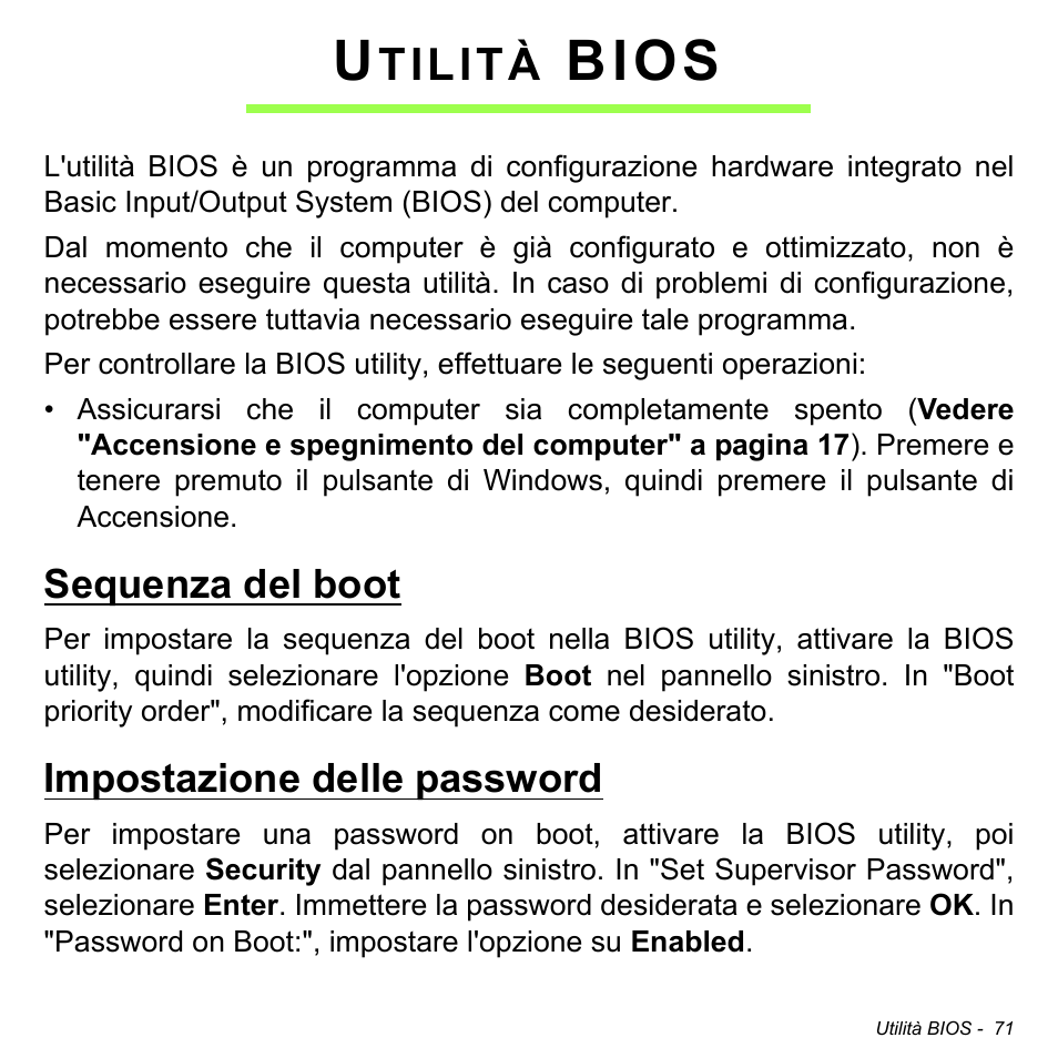 Utilità bios, Sequenza del boot, Impostazione delle password | Sequenza del boot impostazione delle password, Bios, Tilità | Acer W700 User Manual | Page 307 / 2286