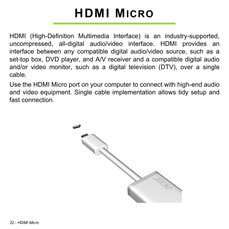 Hdmi micro, Hdmi m, Icro | Acer W700 User Manual | Page 34 / 2286