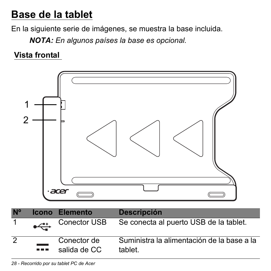 Base de la tablet, Vista frontal | Acer W700 User Manual | Page 342 / 2286