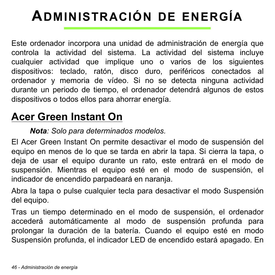 Administración de energía, Acer green instant on, Dministración | Energía | Acer W700 User Manual | Page 360 / 2286