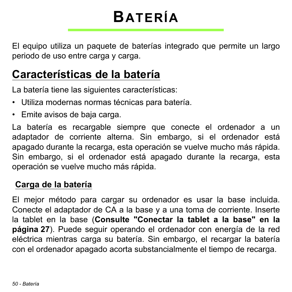 Batería, Características de la batería, Carga de la batería | Atería | Acer W700 User Manual | Page 364 / 2286