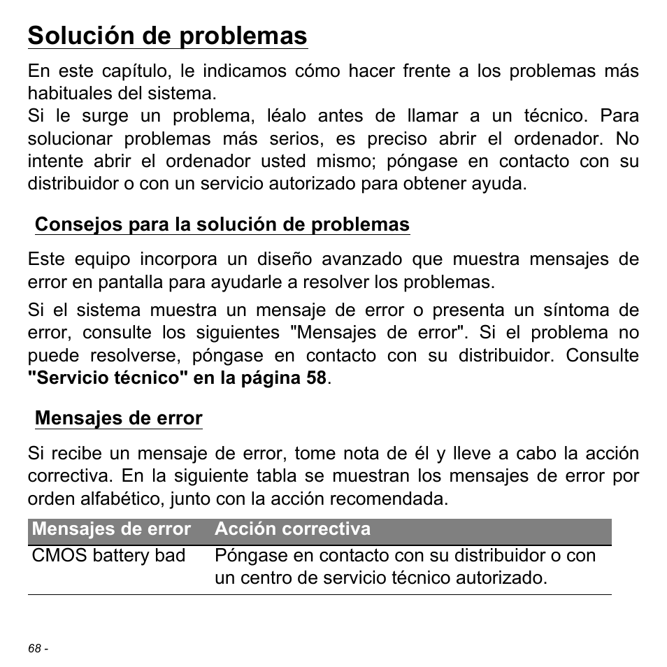 Solución de problemas, Consejos para la solución de problemas, Mensajes de error | Acer W700 User Manual | Page 382 / 2286