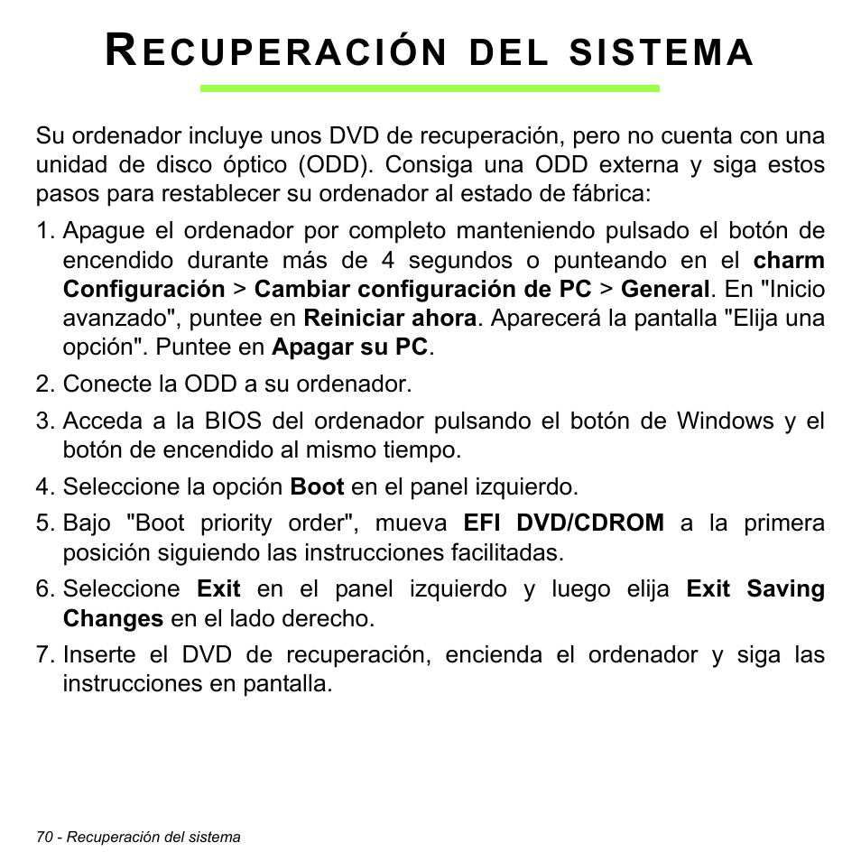 Recuperación del sistema, Ecuperación, Sistema | Acer W700 User Manual | Page 384 / 2286