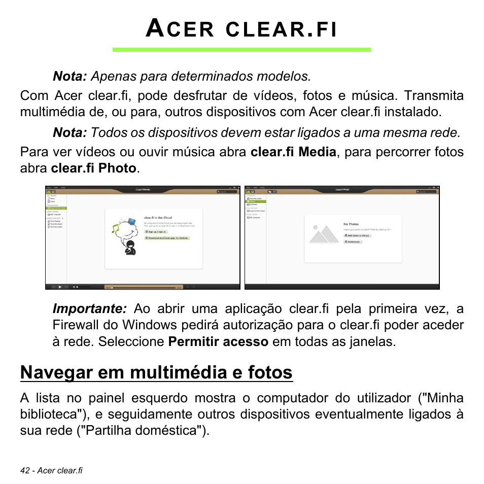 Acer clear.fi, Navegar em multimédia e fotos, Clear | Acer W700 User Manual | Page 434 / 2286