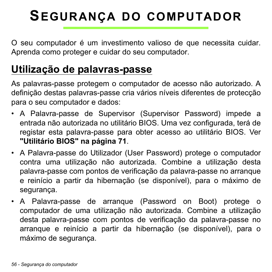 Segurança do computador, Utilização de palavras-passe, Egurança | Computador | Acer W700 User Manual | Page 448 / 2286