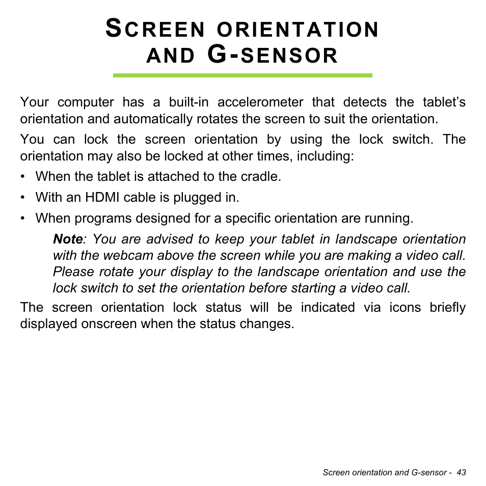 Screen orientation and g-sensor, Screen orientation, And g-sensor | Acer W700 User Manual | Page 45 / 2286