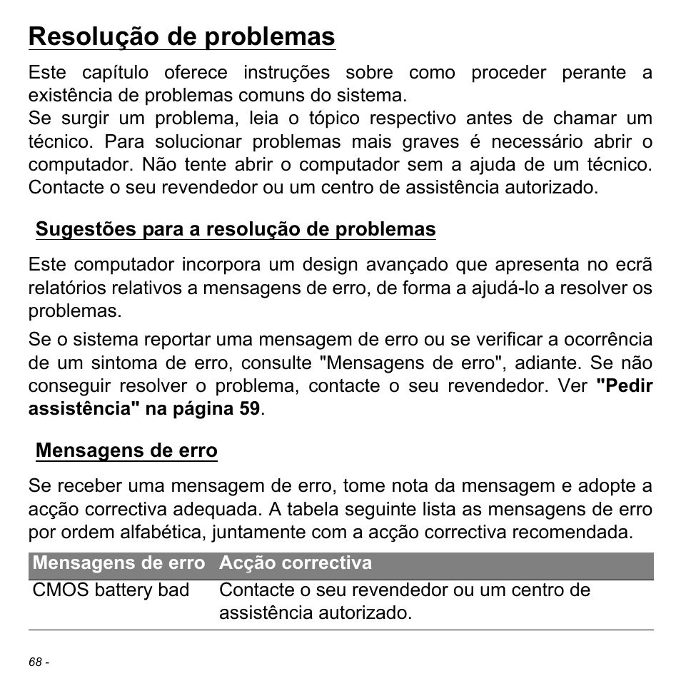 Resolução de problemas, Sugestões para a resolução de problemas, Mensagens de erro | Acer W700 User Manual | Page 460 / 2286