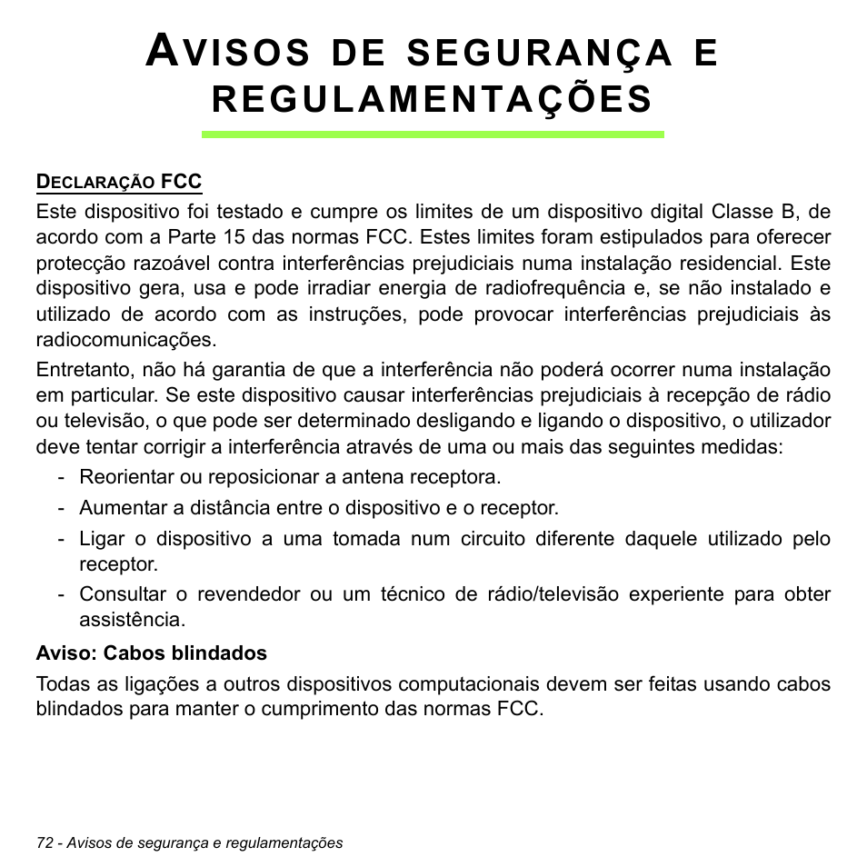 Avisos de segurança e regulamentações, Visos, Segurança | Regulamentações | Acer W700 User Manual | Page 464 / 2286