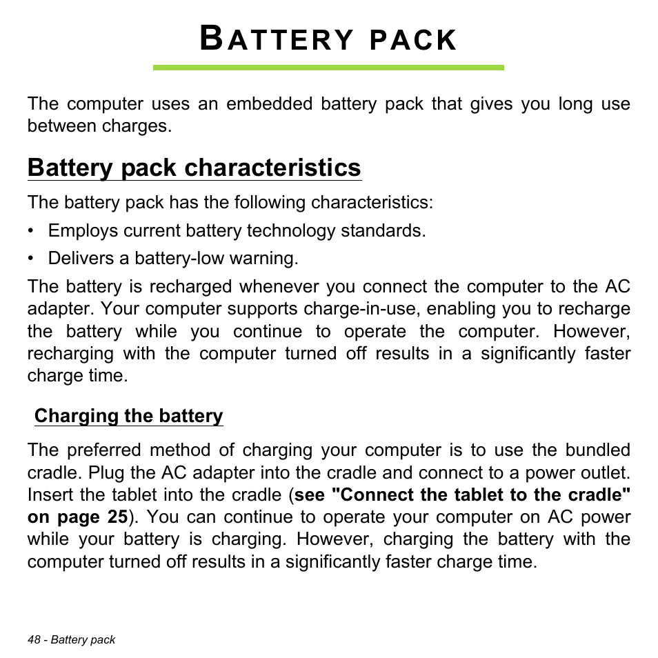 Battery pack, Battery pack characteristics, Charging the battery | Attery, Pack | Acer W700 User Manual | Page 50 / 2286