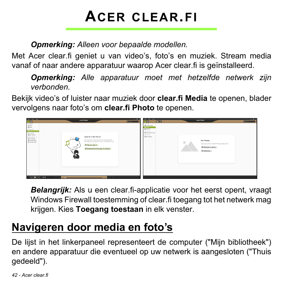 Acer clear.fi, Navigeren door media en foto’s, Clear | Acer W700 User Manual | Page 512 / 2286