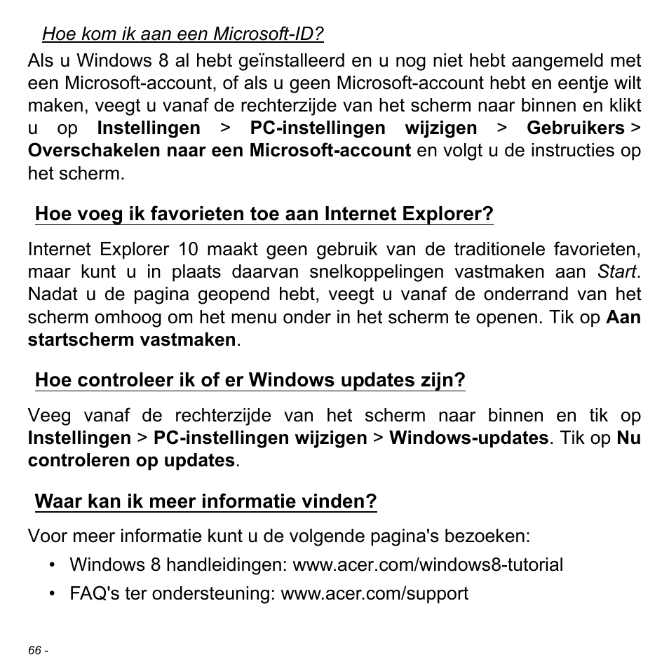 Hoe voeg ik favorieten toe aan internet explorer, Hoe controleer ik of er windows updates zijn, Waar kan ik meer informatie vinden | Acer W700 User Manual | Page 536 / 2286