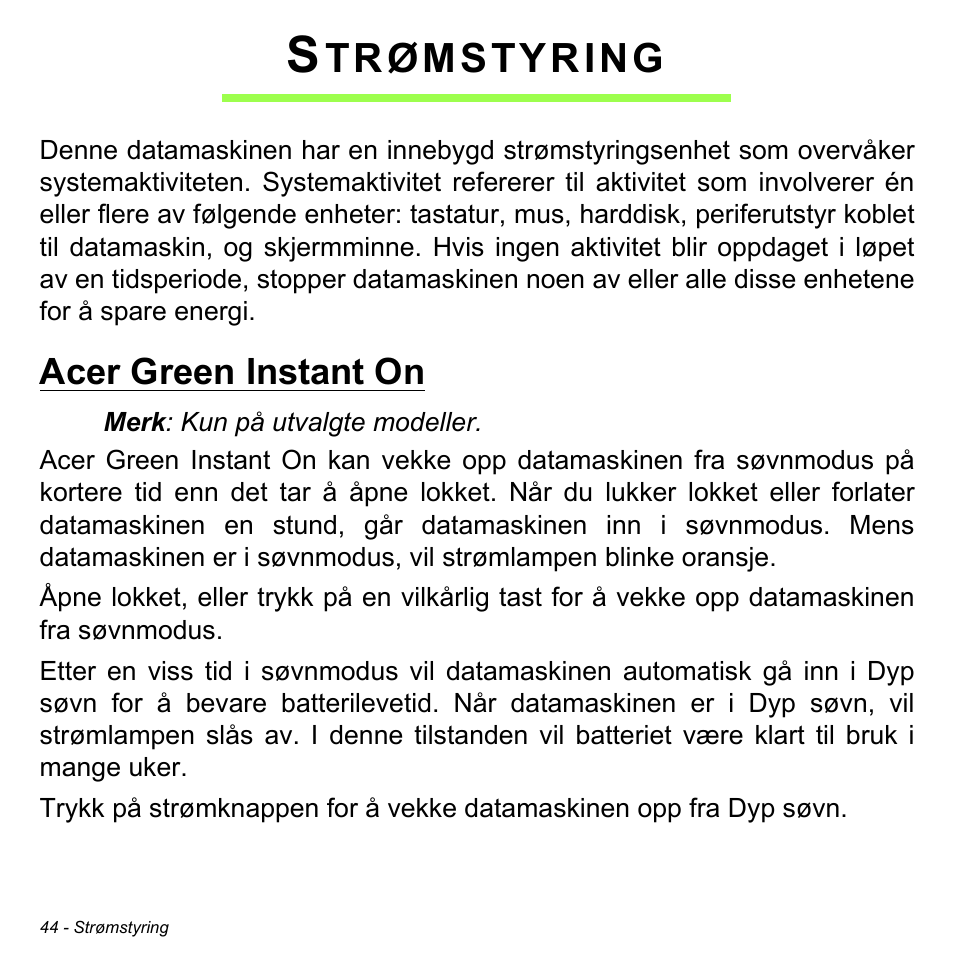 Strømstyring, Acer green instant on, Trømstyring | Acer W700 User Manual | Page 590 / 2286