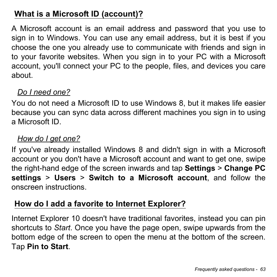 What is a microsoft id (account), How do i add a favorite to internet explorer | Acer W700 User Manual | Page 65 / 2286