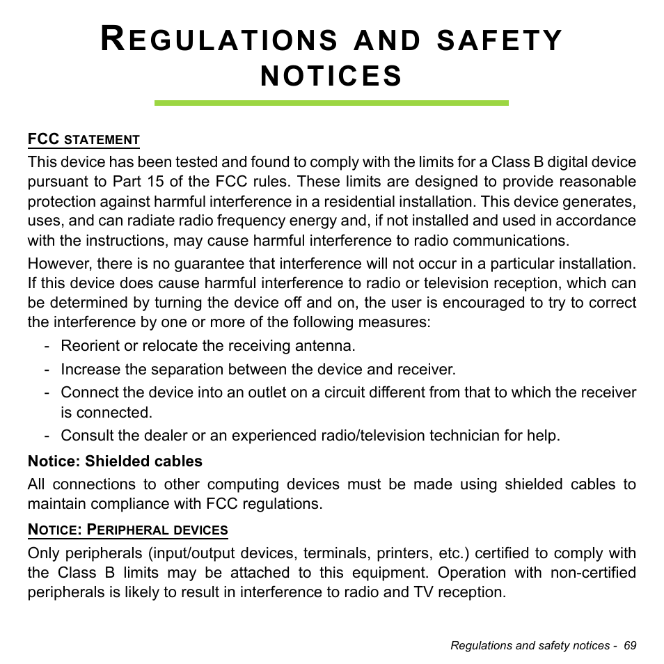 Regulations and safety notices, Egulations, Safety | Notices | Acer W700 User Manual | Page 71 / 2286