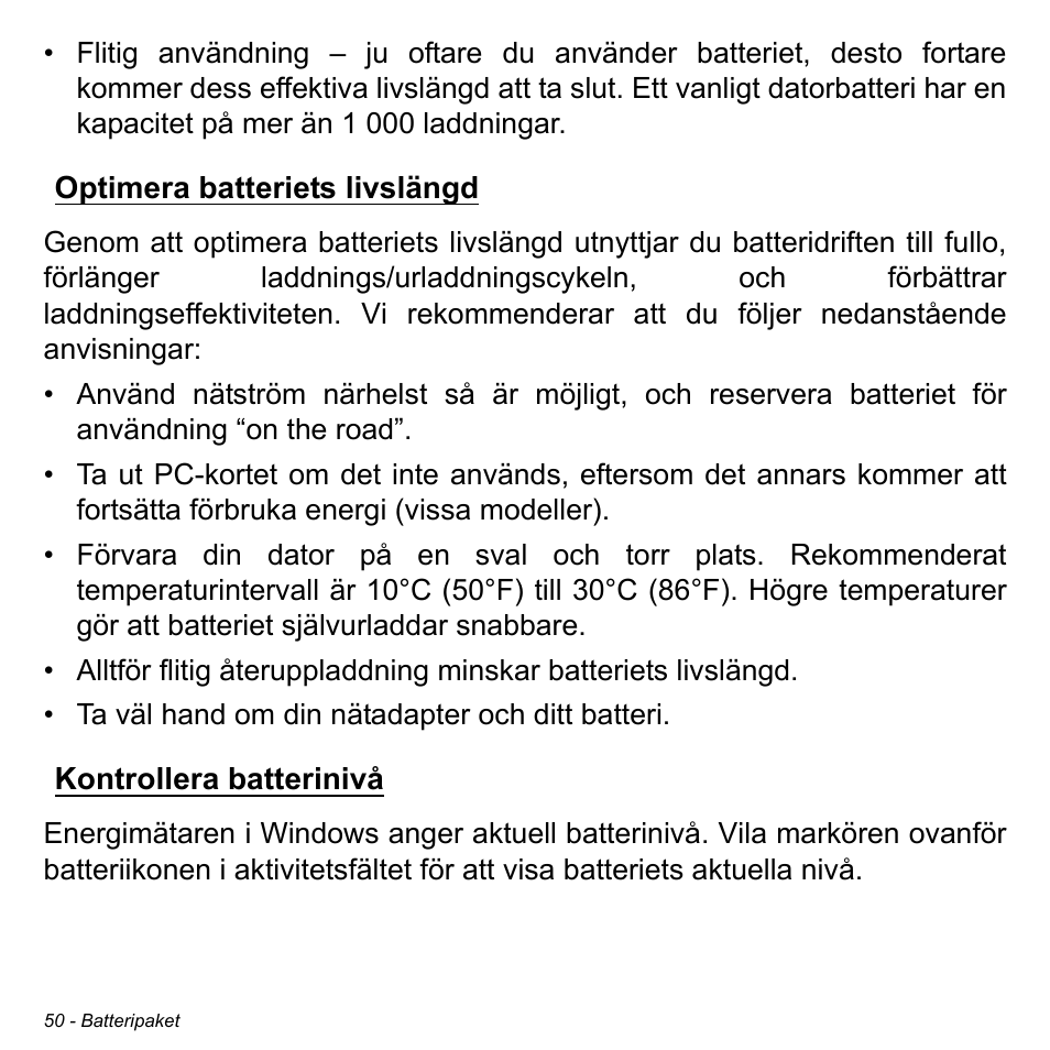 Optimera batteriets livslängd, Kontrollera batterinivå | Acer W700 User Manual | Page 746 / 2286