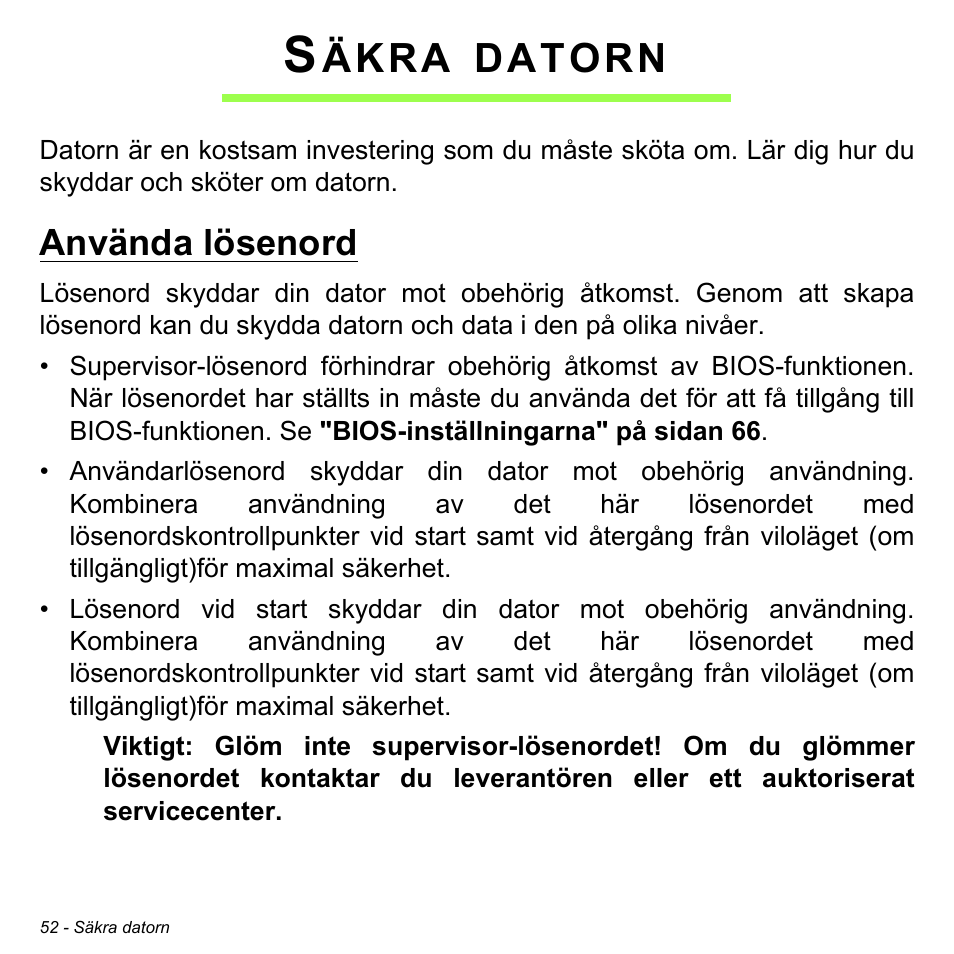 Säkra datorn, Använda lösenord, Äkra | Datorn | Acer W700 User Manual | Page 748 / 2286