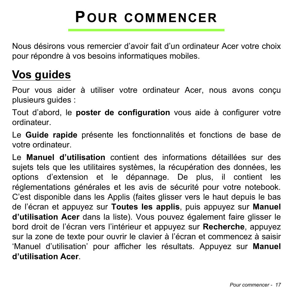 Pour commencer, Vos guides, Commencer | Acer W700 User Manual | Page 93 / 2286