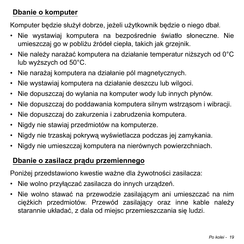 Dbanie o komputer, Dbanie o zasilacz prądu przemiennego | Acer W700 User Manual | Page 947 / 2286