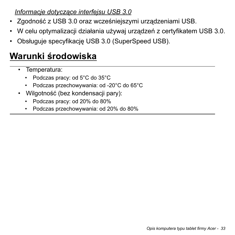 Warunki środowiska | Acer W700 User Manual | Page 961 / 2286