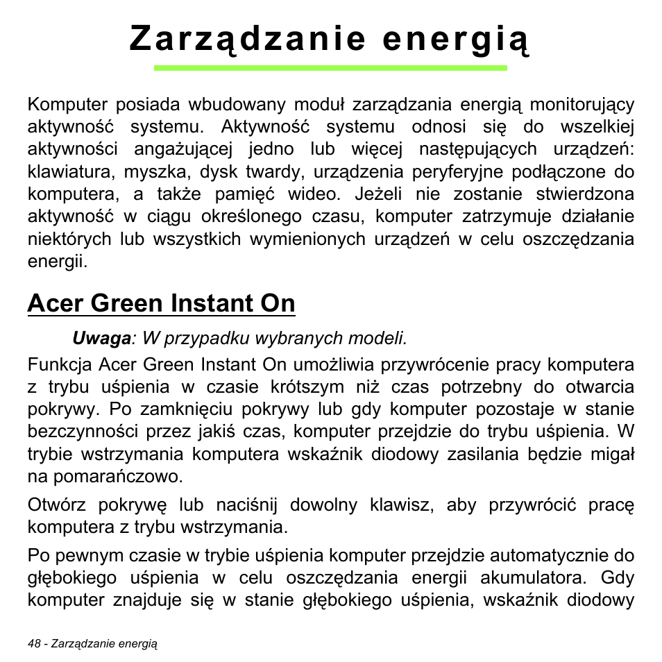 Zarządzanie energią, Acer green instant on | Acer W700 User Manual | Page 976 / 2286