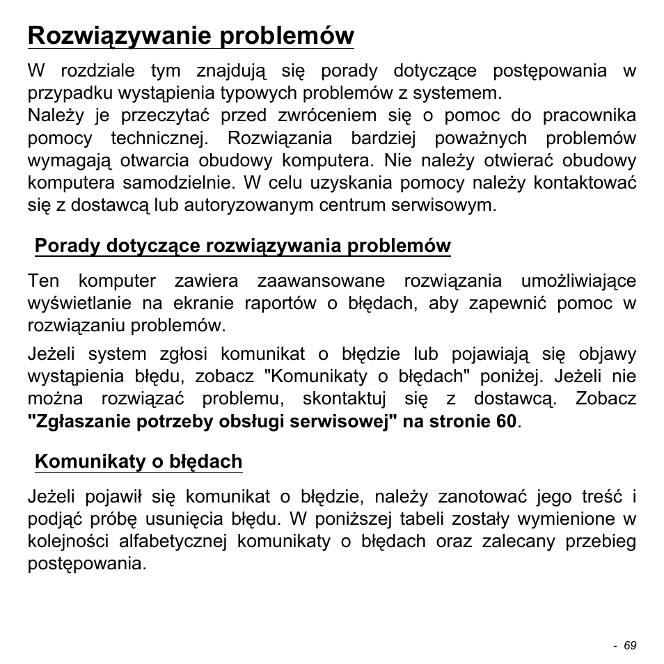 Rozwiązywanie problemów, Porady dotyczące rozwiązywania problemów, Komunikaty o błędach | Acer W700 User Manual | Page 997 / 2286