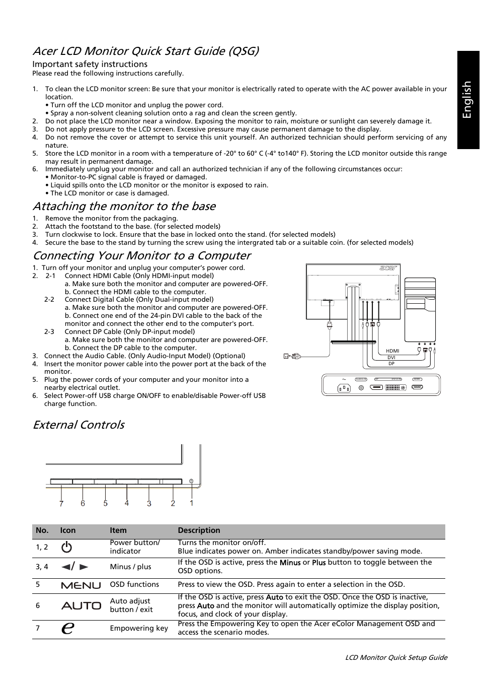 Acer lcd monitor quick start guide (qsg), Attaching the monitor to the base, Connecting your monitor to a computer | External controls, Eng lis h | Acer B326HUL User Manual | Page 18 / 78