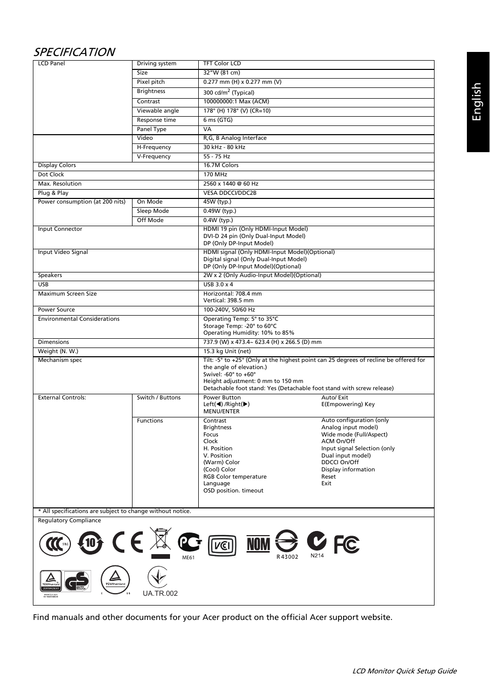 Specification, Eng lis h | Acer B326HUL User Manual | Page 20 / 78