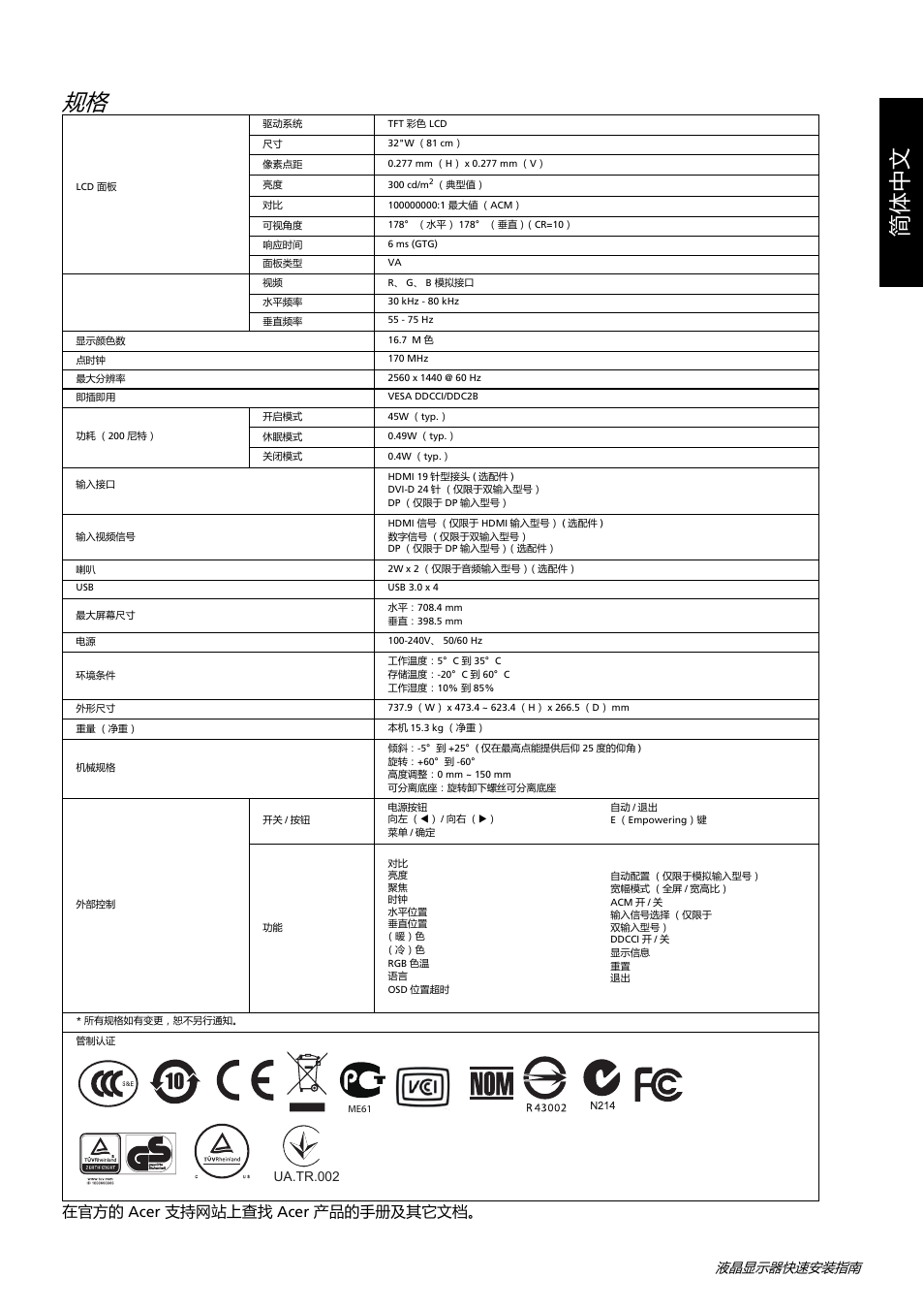 简体中文, 在官方的 acer 支持网站上查找 acer 产品的手册及其它文档, 液晶显示器快速安装指南 | Acer B326HUL User Manual | Page 24 / 78