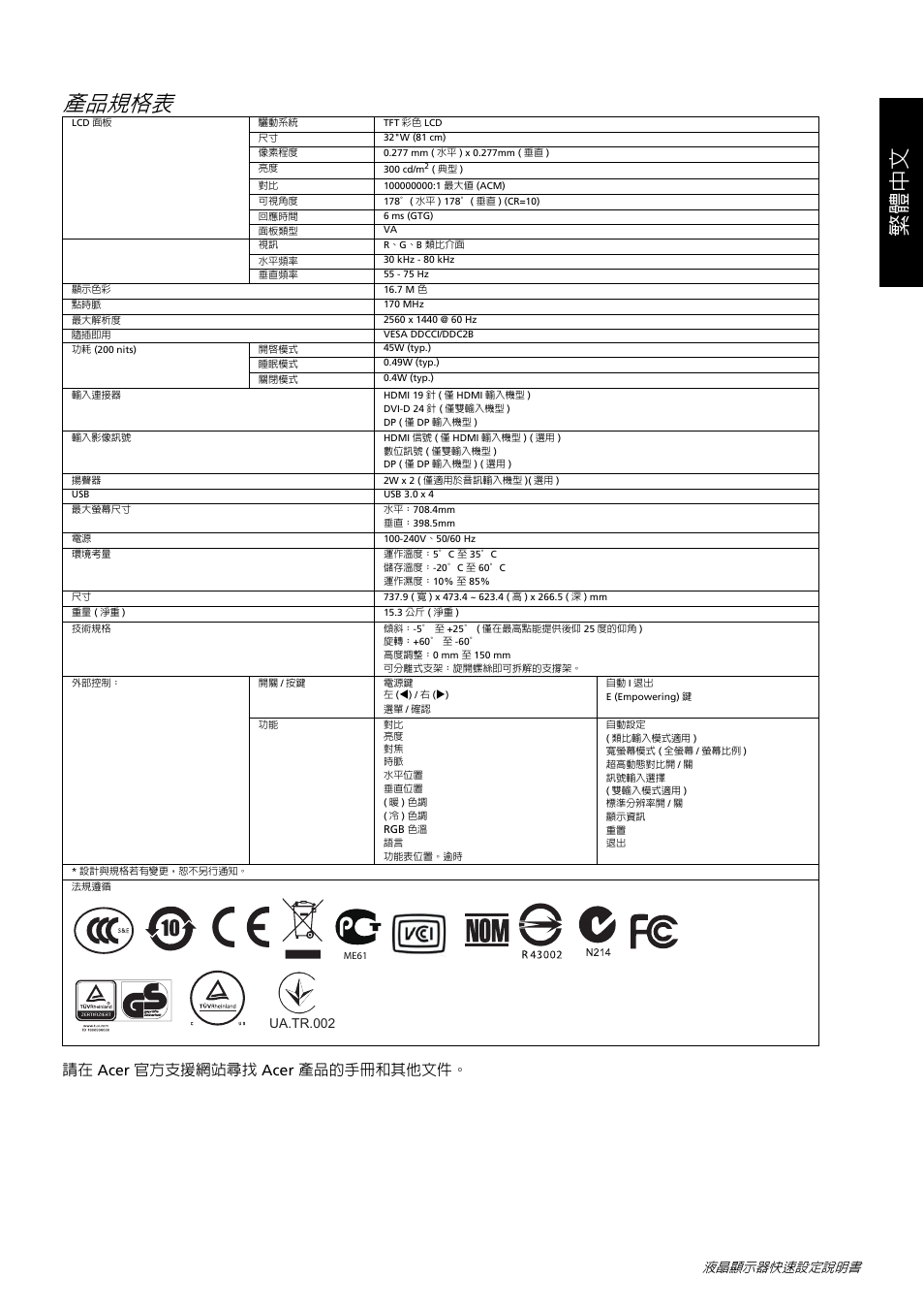 產品規格表, 繁體中文, 請在 acer 官方支援網站尋找 acer 產品的手冊和其他文件 | 液晶顯示器快速設定說明書 | Acer B326HUL User Manual | Page 27 / 78