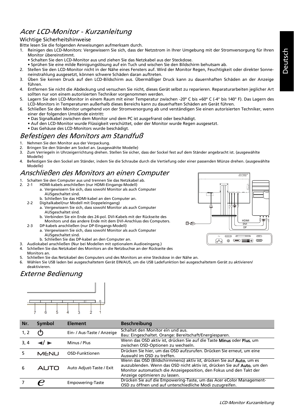 Acer lcd-monitor - kurzanleitung, Befestigen des monitors am standfuß, Anschließen des monitors an einen computer | Externe bedienung, Deutsch, Wichtige sicherheitshinweise | Acer B326HUL User Manual | Page 48 / 78