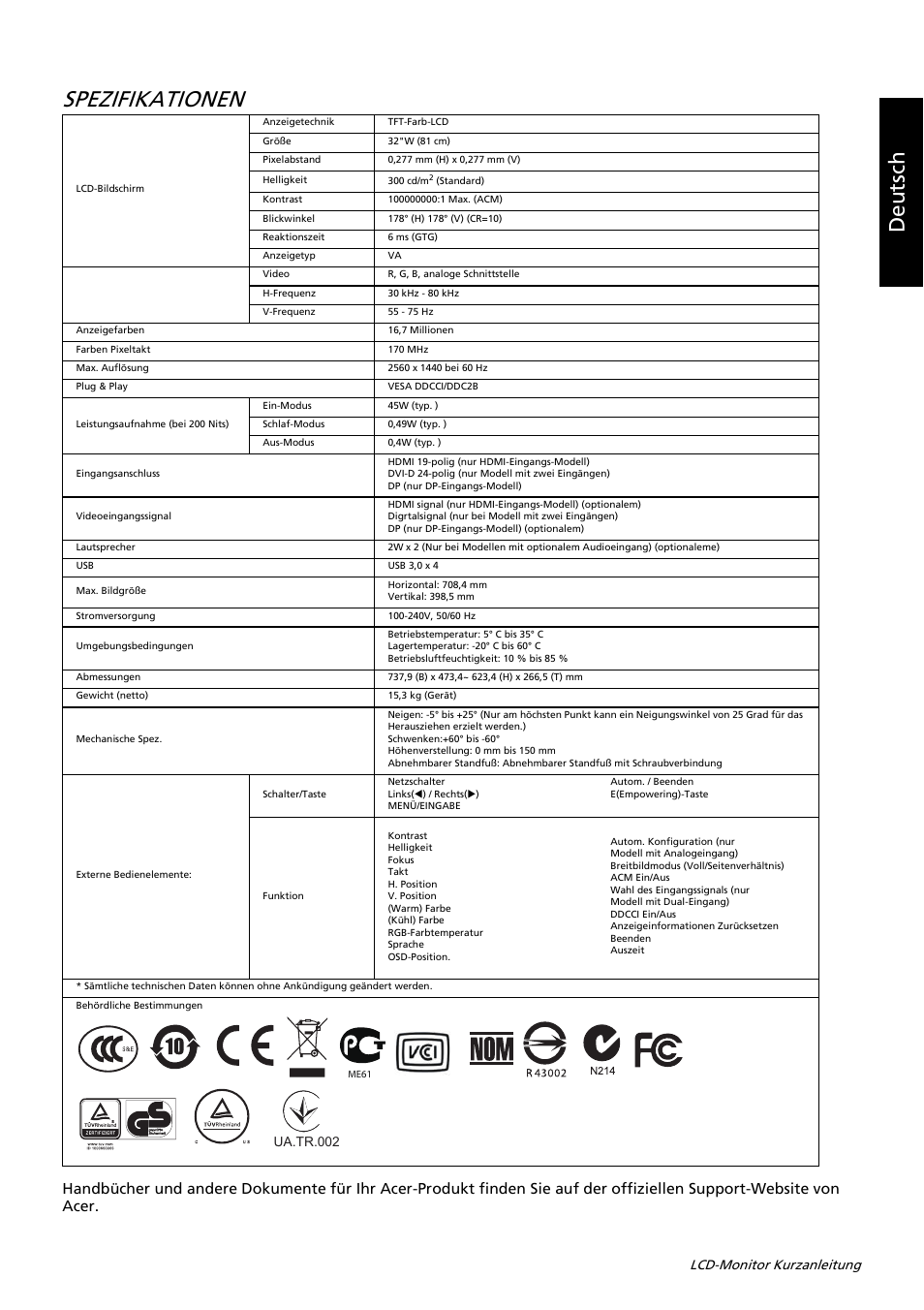 Spezifikationen, Deutsch, Lcd-monitor kurzanleitung | Acer B326HUL User Manual | Page 50 / 78