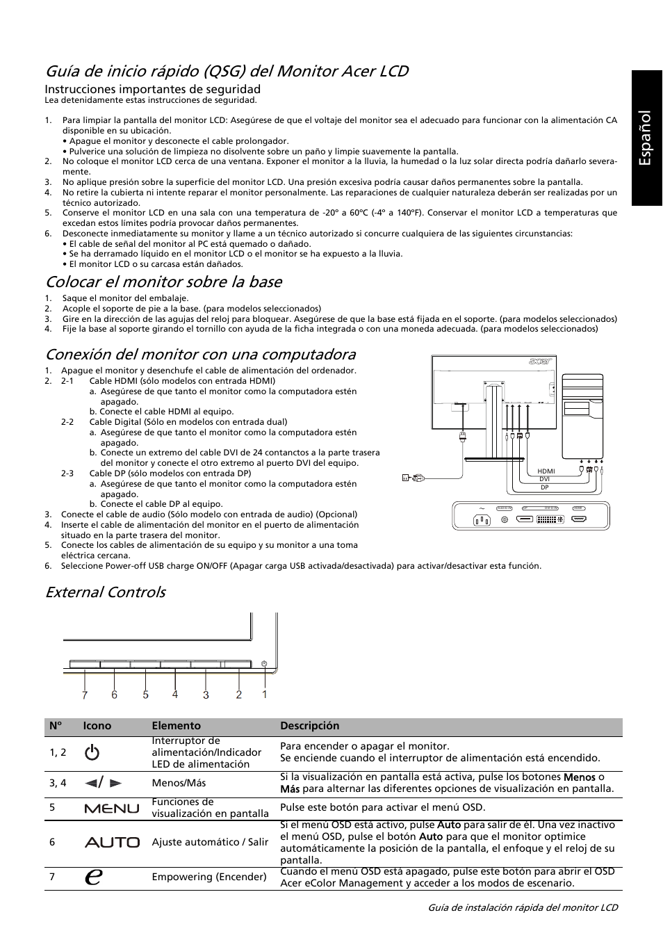 Guía de inicio rápido (qsg) del monitor acer lcd, Colocar el monitor sobre la base, Es paño l | Conexión del monitor con una computadora, External controls, Instrucciones importantes de seguridad | Acer B326HUL User Manual | Page 51 / 78