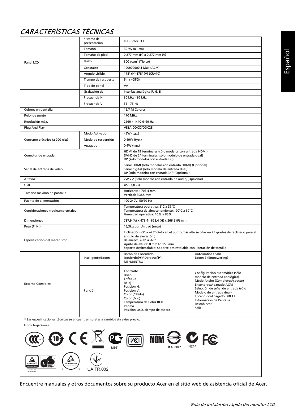 Características técnicas, Es paño l | Acer B326HUL User Manual | Page 53 / 78