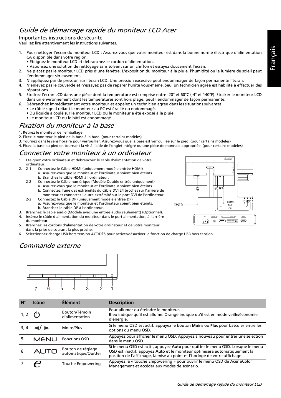 Guide de démarrage rapide du moniteur lcd acer, Fixation du moniteur à la base, Connecter votre moniteur à un ordinateur | Commande externe, Français, Importantes instructions de sécurité | Acer B326HUL User Manual | Page 54 / 78
