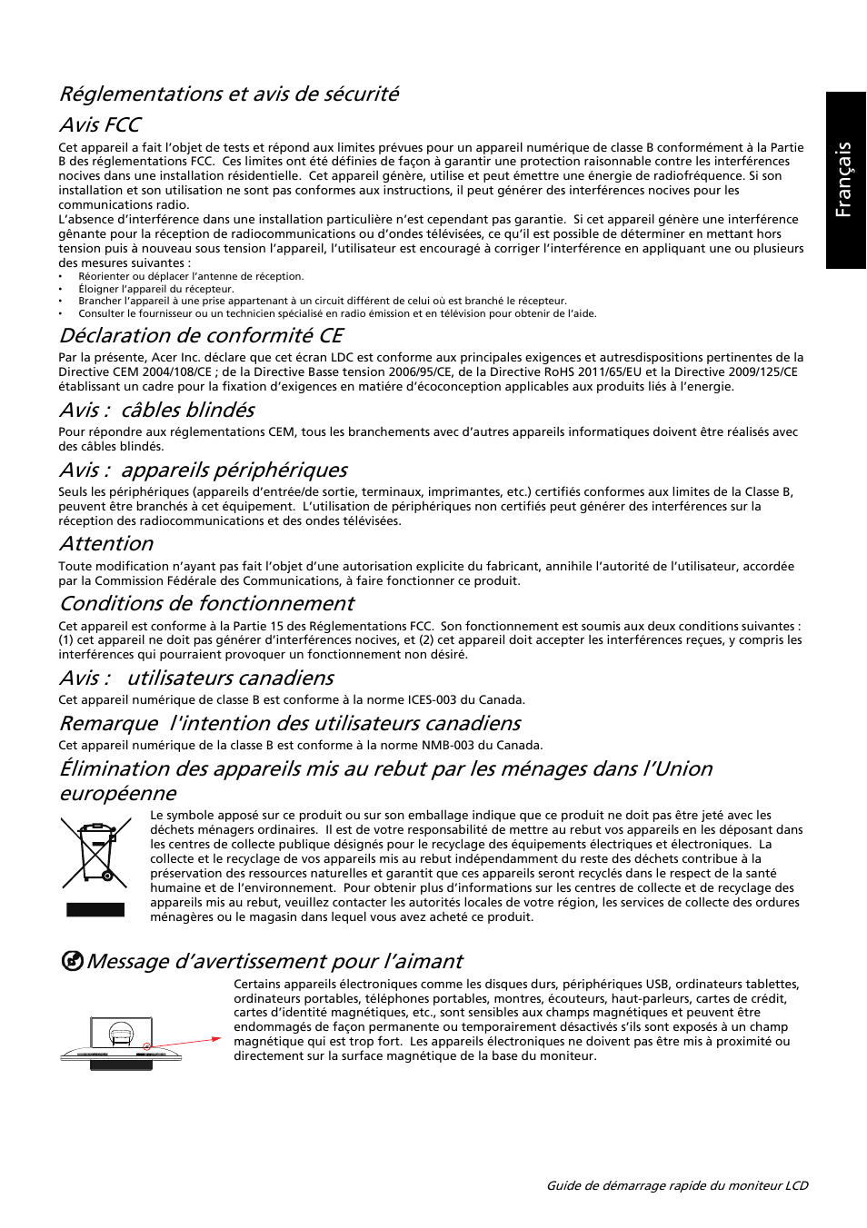 Réglementations et avis de sécurité avis fcc, Déclaration de conformité ce, Avis : câbles blindés | Avis : appareils périphériques, Attention, Conditions de fonctionnement, Avis : utilisateurs canadiens, Remarque l'intention des utilisateurs canadiens, Message d’avertissement pour l’aimant, Français | Acer B326HUL User Manual | Page 55 / 78