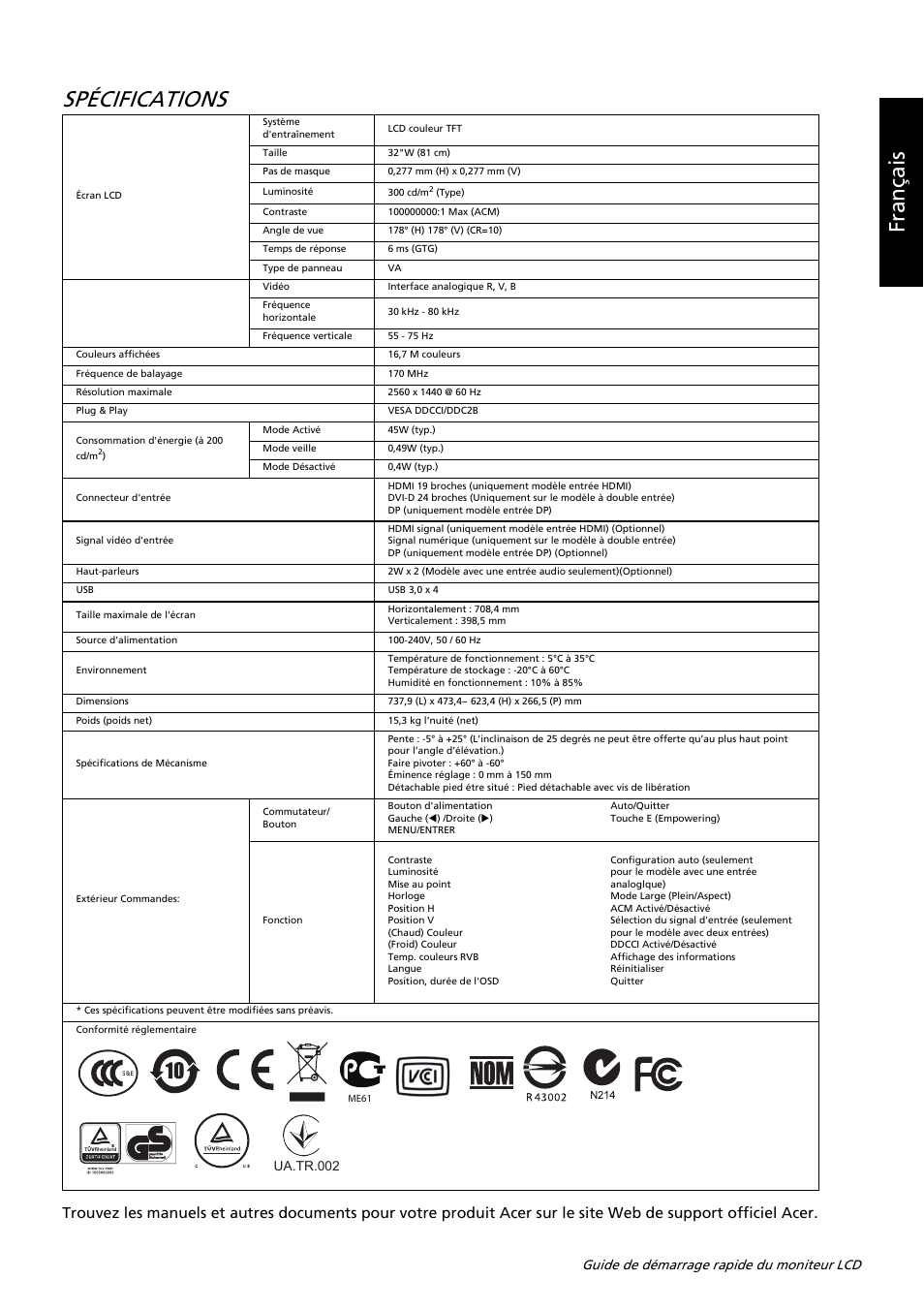 Spécifications, Français, Guide de démarrage rapide du moniteur lcd | Acer B326HUL User Manual | Page 73 / 78