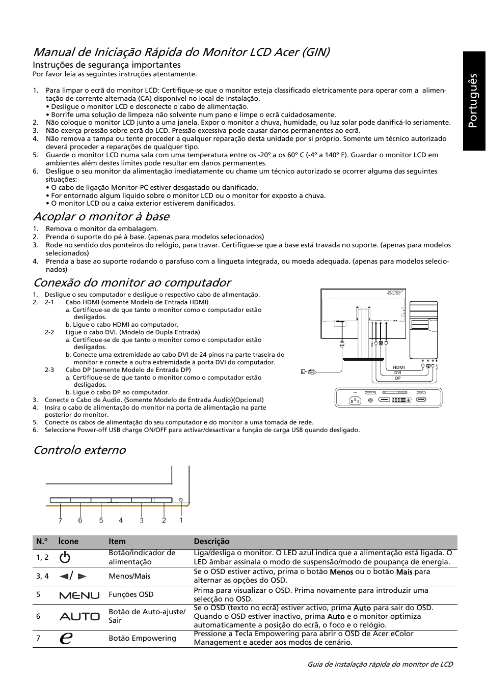 Acoplar o monitor à base, Conexão do monitor ao computador, Controlo externo | Portu guês, Instruções de segurança importantes | Acer B326HUL User Manual | Page 74 / 78