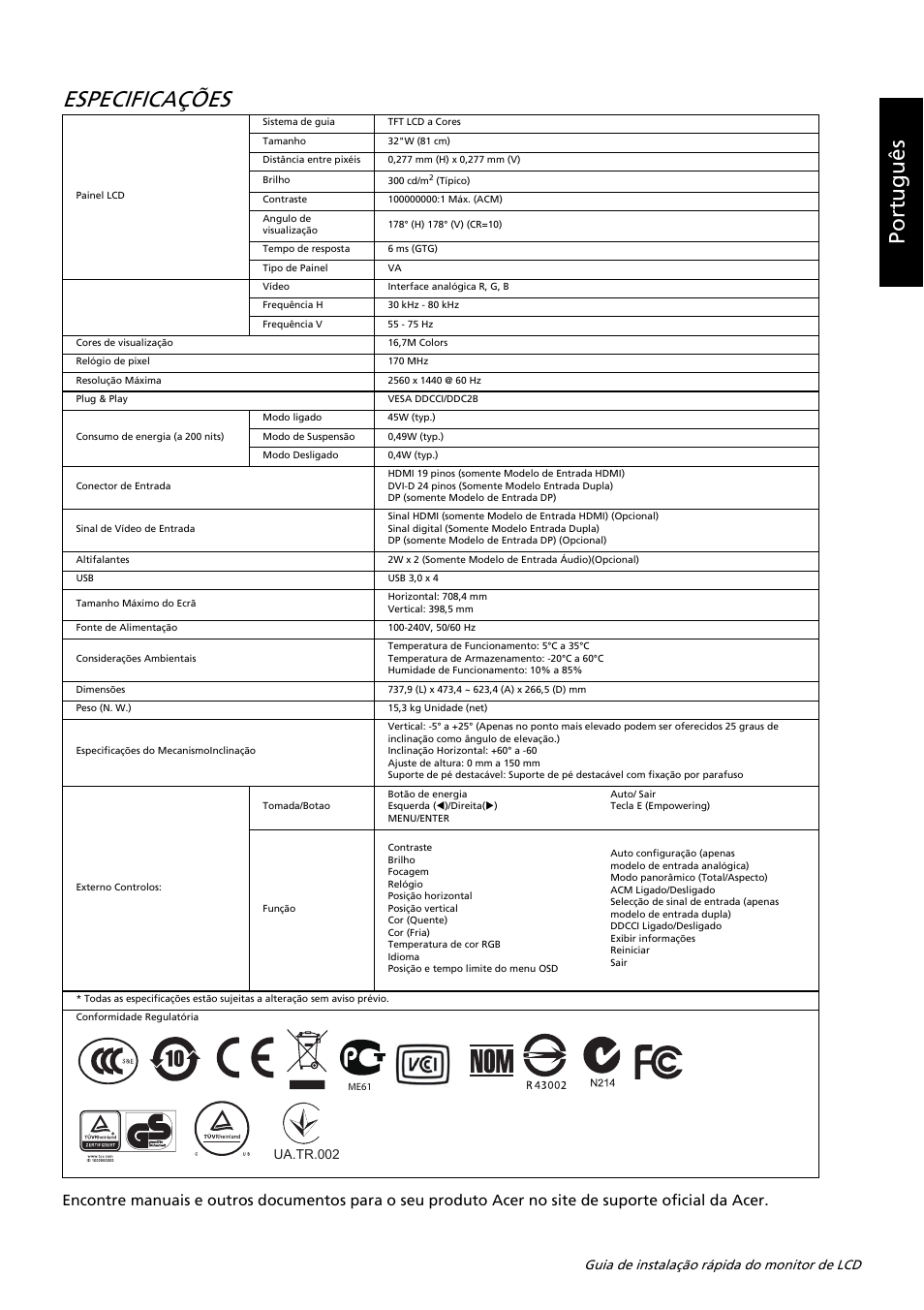 Especificações, Portu guês | Acer B326HUL User Manual | Page 75 / 78