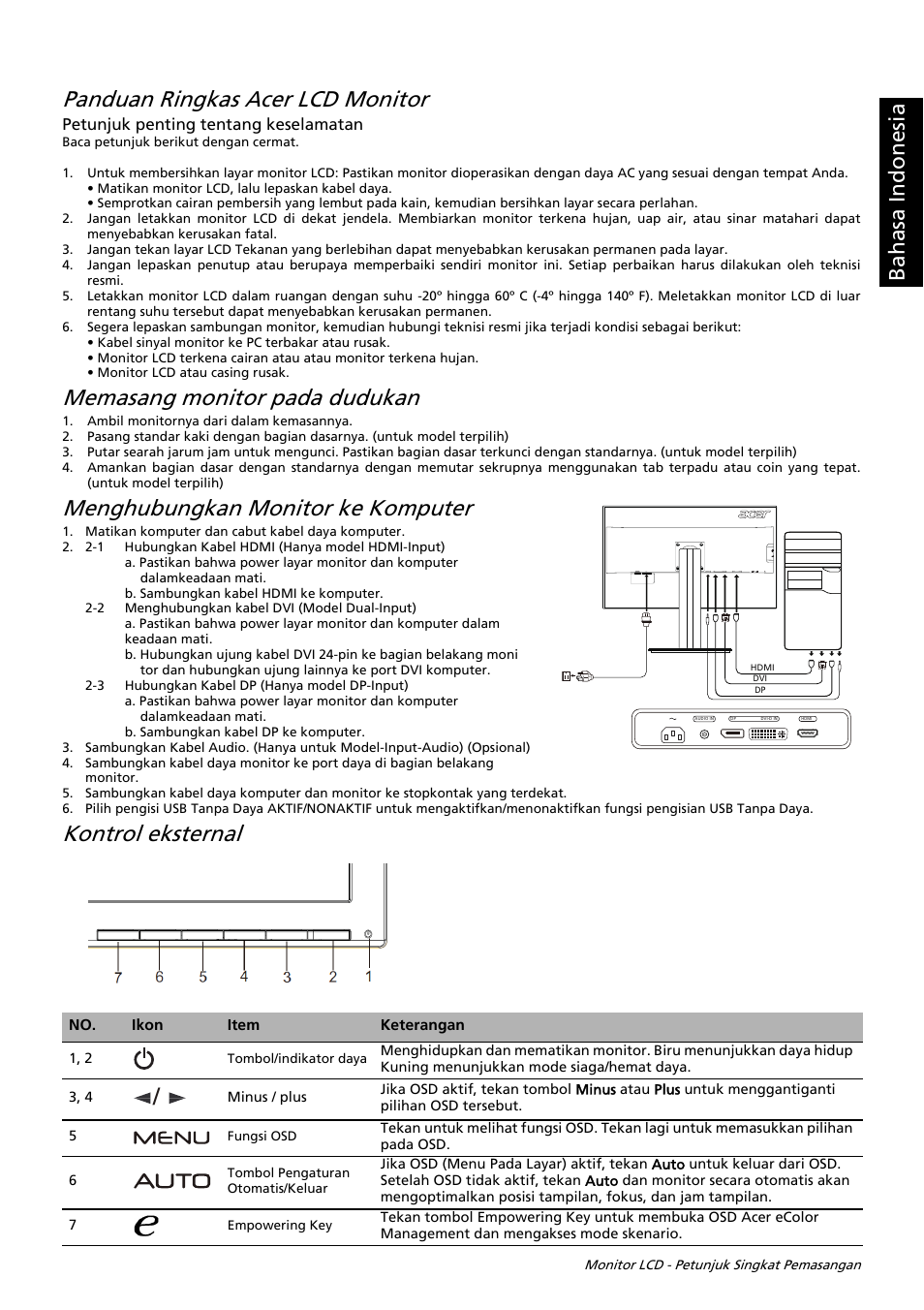 Panduan ringkas acer lcd monitor, Memasang monitor pada dudukan, Menghubungkan monitor ke komputer | Kontrol eksternal, Ba has a in done sia | Acer B326HUL User Manual | Page 9 / 78