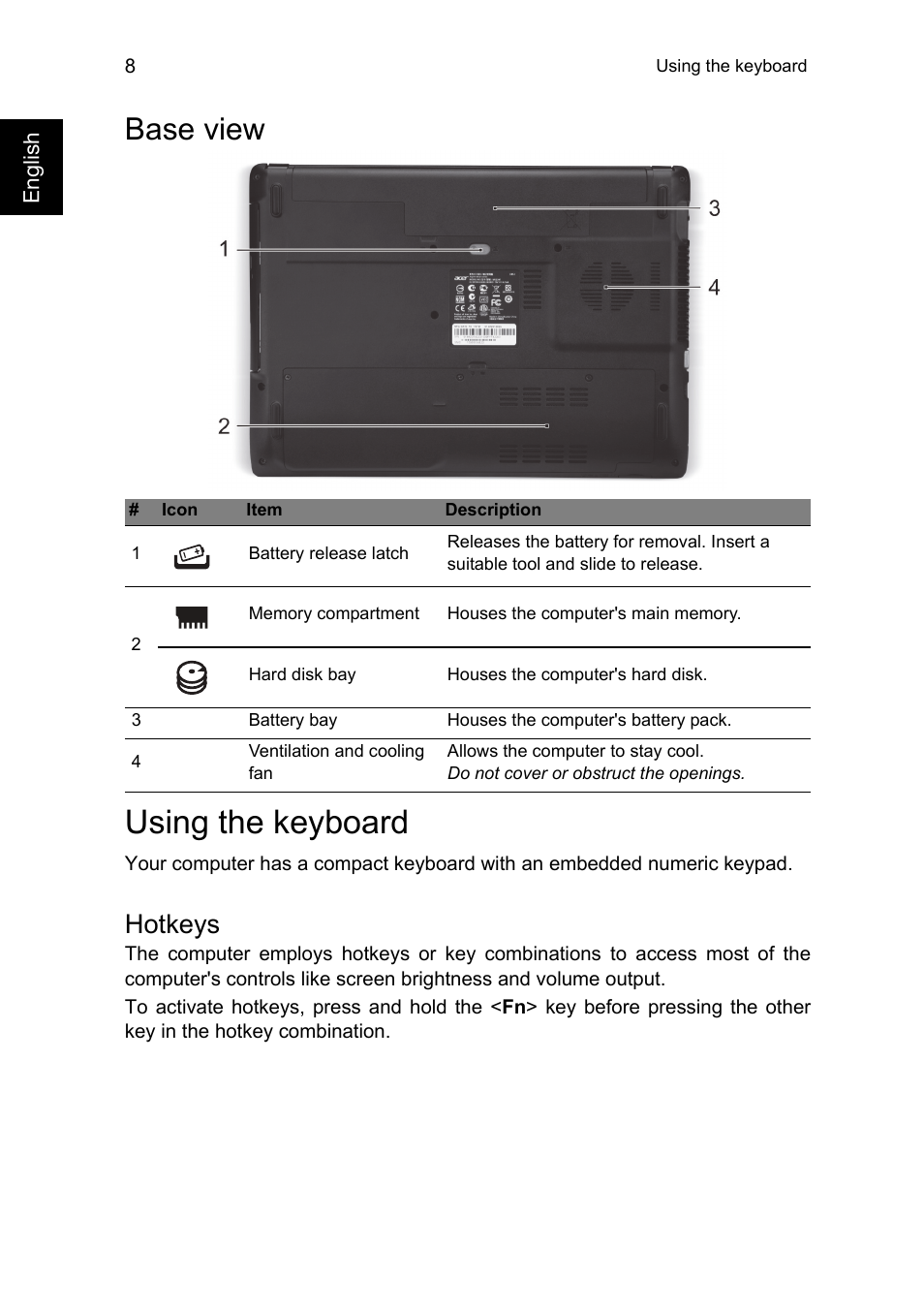Base view, Using the keyboard, Hotkeys | Acer Aspire E1-451G User Manual | Page 10 / 306