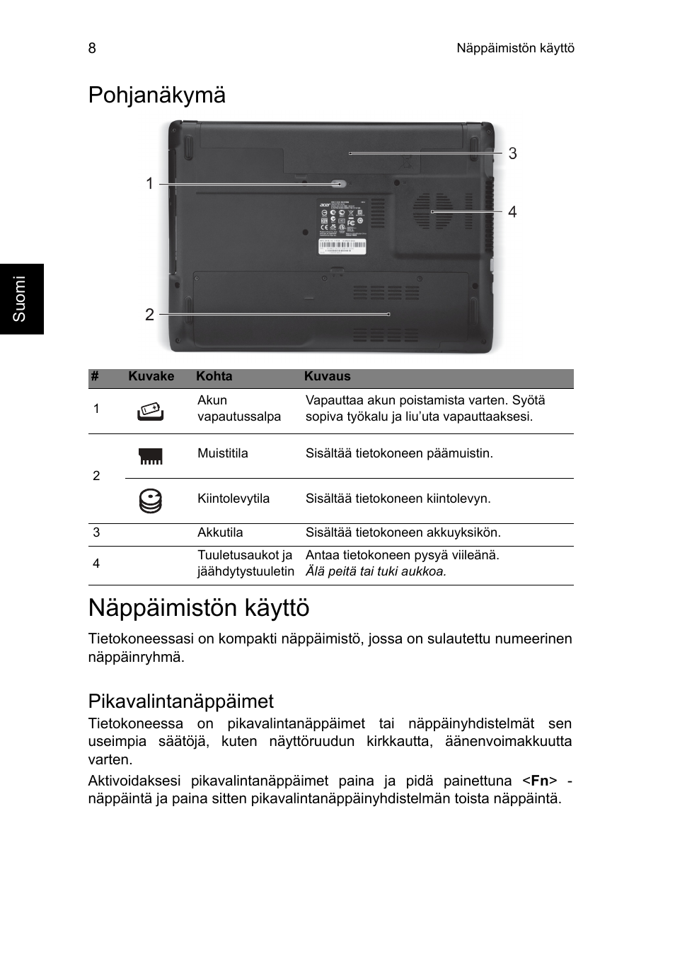 Pohjanäkymä, Näppäimistön käyttö, Pikavalintanäppäimet | Acer Aspire E1-451G User Manual | Page 114 / 306