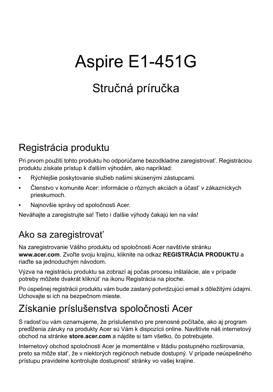 Slovenčina, Registrácia produktu, Ako sa zaregistrovat | Získanie príslušenstva spoločnosti acer, Aspire e1-451g, Stručná príručka | Acer Aspire E1-451G User Manual | Page 157 / 306