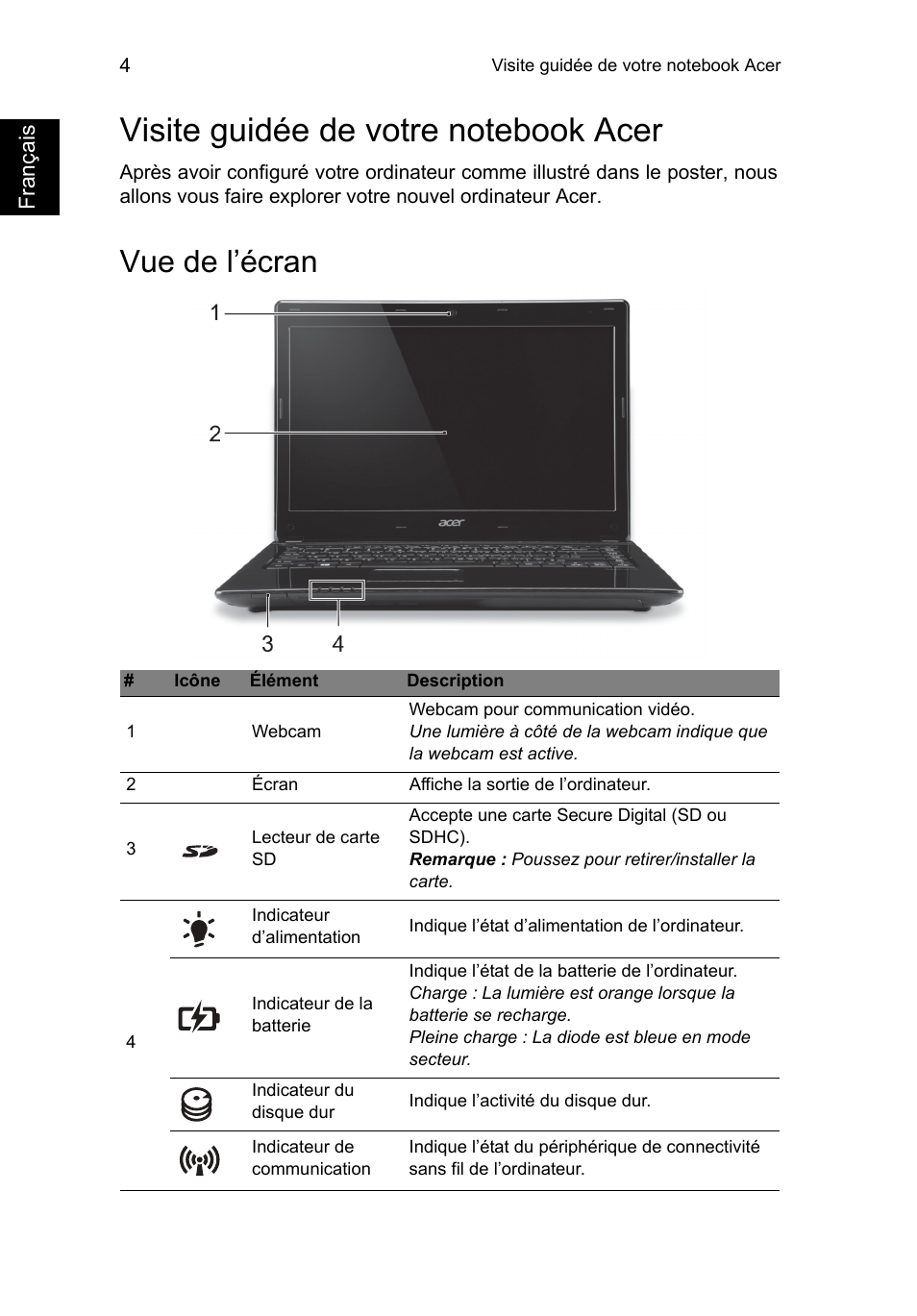 Visite guidée de votre notebook acer, Vue de l’écran | Acer Aspire E1-451G User Manual | Page 16 / 306