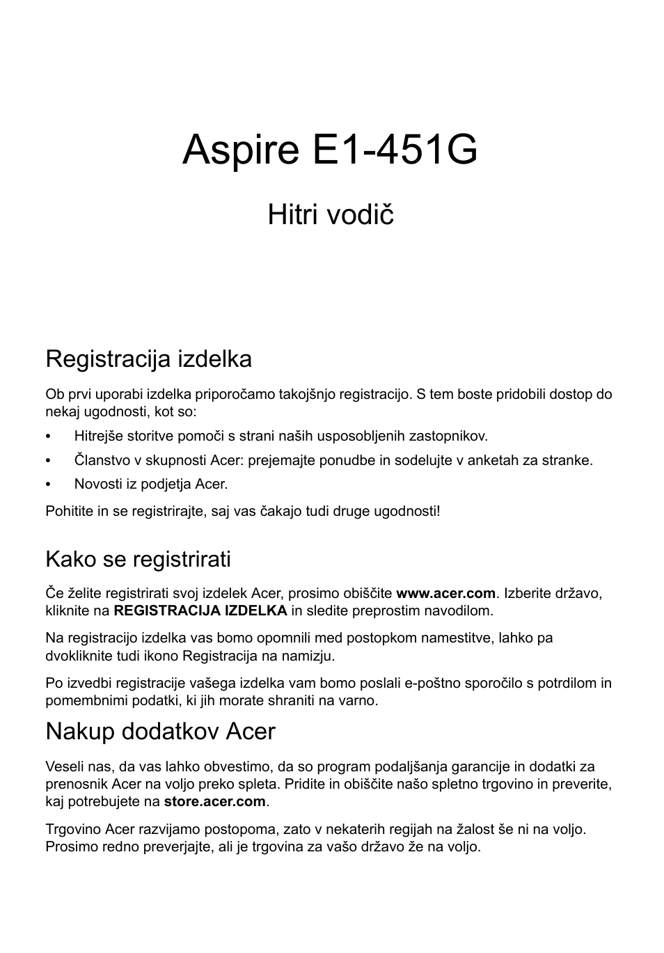 Slovenski, Registracija izdelka, Kako se registrirati | Nakup dodatkov acer, Aspire e1-451g, Hitri vodič | Acer Aspire E1-451G User Manual | Page 167 / 306